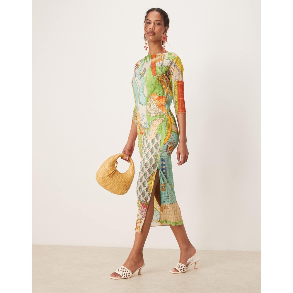 Never Fully Dressed Multi Print Plisse Midi Dress 3/4 Sleeve Side Slit NWT‎